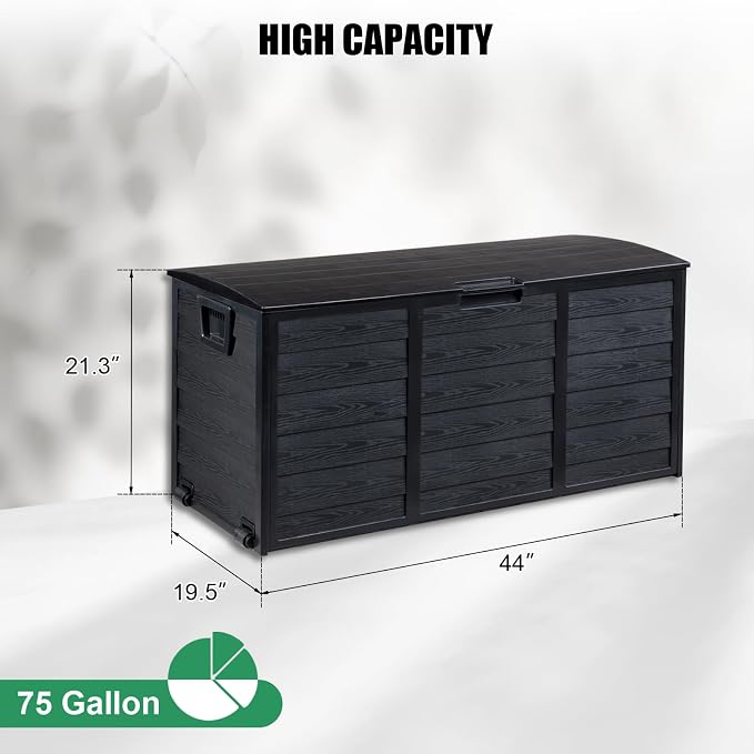 VINGLI 75 Gallon Outdoor Storage Box, Patio Deck Box Furniture with Lockable Design, Plastic Storage Containers with Lid for Garden | Pool | Balcony | Yard (Full Black)
