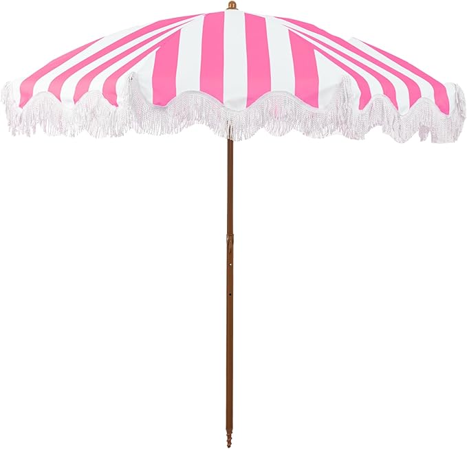 Rayjee 6.5FT Patio Umbrella with Fringe, Portable Boho Beach Umbrella, Tilt & Adjustable Height, 2-Piece Aluminum Pole for Pool, Garden, Deck & Beach