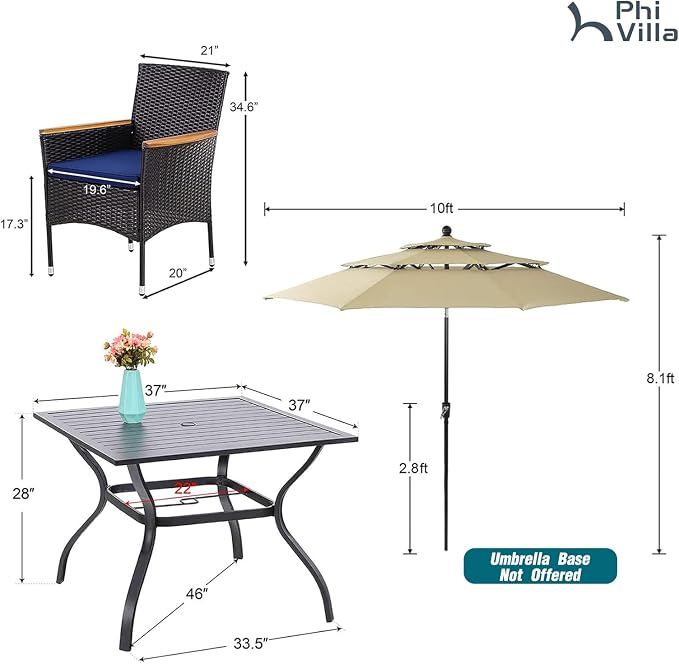 PHI VILLA 5pc Patio Dining Set with Umbrella, Square Table, Rattan Chairs | 37" Metal Table, Cushioned PE Rattan chairs, 10ft Beige 3 Tier Auto-tilt Umbrella (Base Not Included)