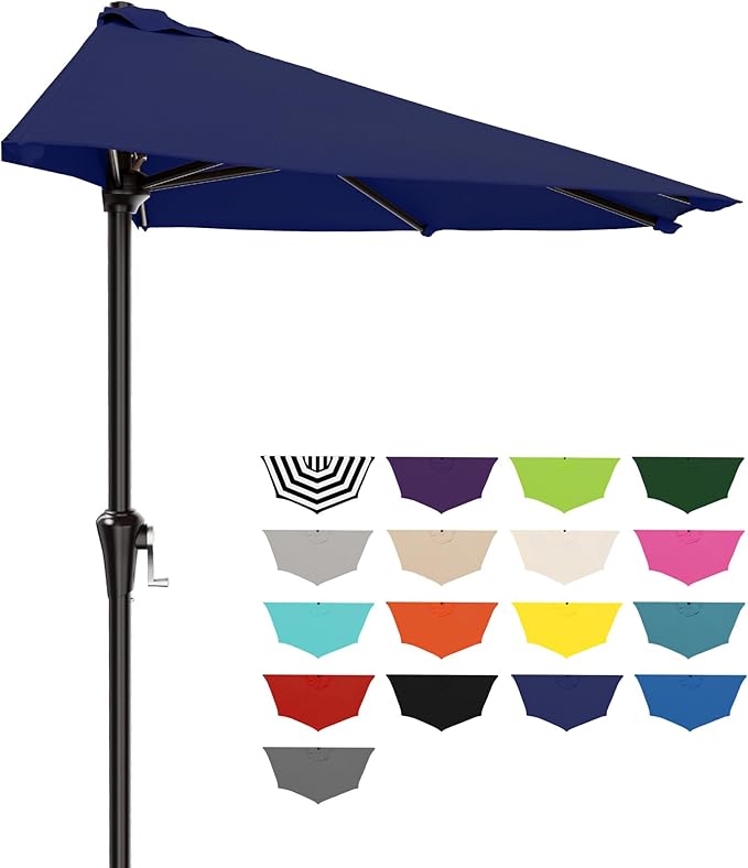 AreShark 9FT Half Patio Umbrella, Outdoor Wall Umbrella with Crank & 5 Sturdy Ribs, Table 1/2 Umbrella Patio for Garden, Deck, Balcony and Pool, Navy