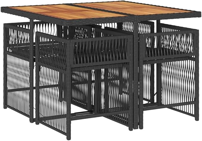 5-Piece Garden Dining Set, Black PE Rattan Patio Furniture Set with Acacia Wood Tabletop, 4 Cushioned Chairs, Foldable Outdoor Table and Chairs for Backyard, Cream