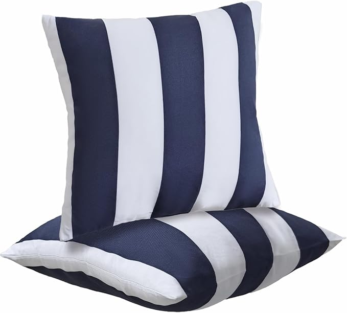 JMGBird Pack of 2 Decorative Pillows with Inserts - 18x18 Water-Resistant Navy Blue with White Stripe Outdoor Throw Pillows for Patio Furniture, Couch, Bed