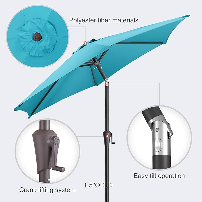 7.5ft Outdoor Patio Umbrella - Table Umbrella Waterproof UV Protection, Sombrillas de Patio with Push Button Tilt, Sun Umbrella for Pool, Porch, Garden, Deck, Backyard (Aqua Blue)