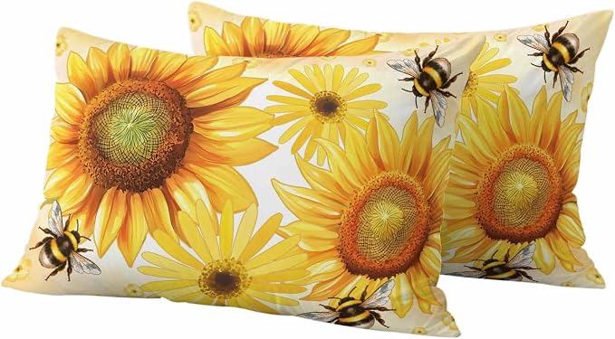 Outdoor Throw Pillow Covers,Rustic Sunflower Yellow Flower Waterproof Decorative Pillowcases Cushion Cover Spring Farmhouse Floral Bee Pillow Cases for Patio Couch Sofa Bed,20x12in Set of 2