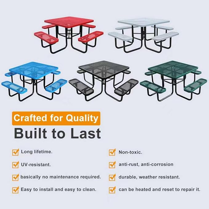 46-Inch Square Metal Outdoor Picnic Table – Commercial Heavy-Duty Steel Dining Table with Thermoplastic Coating, Weather & Rust Resistant, Ideal for Patio, Outside, Garden, Schools (Black)