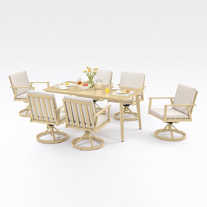 7 Pieces Outdoor Dining Set, Never-Rust Aluminum Patio Swivel Dining Set with Umbrella Hole, 360° Rotation Outdoor Patio Furniture Set, 6 Swivel Chairs and Table for Decks, Pool, Maple Wood