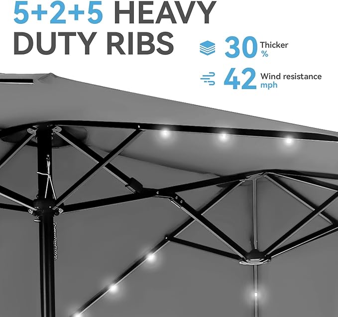 GREEN PARTY 15 ft Large Outdoor Patio Umbrella with Solar Led Lights & Base Included, Double-Sided Rectangular Table Umbrella with Stand, Market Umbrellas for Deck Poolside Garden Backyard, Smoky Gray