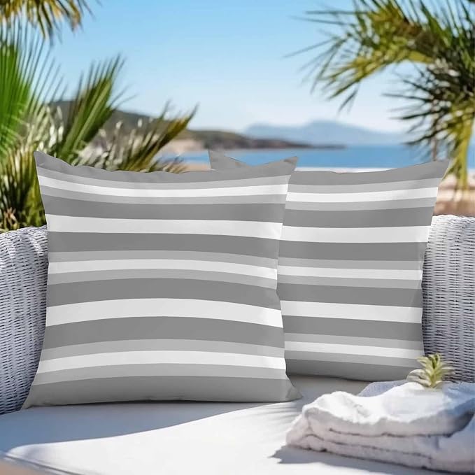 Throw Pillow Covers 20x20 Inch Set of 2, Grey Stripe Waterproof Outdoor Pillow Covers, Minimalist Farmhouse Striped Decorative Cushion Pillowcases for Couch, Sofa, Bed, Garden, Patio