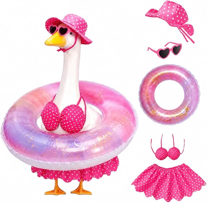 Bikini Porch Goose Outfits,Porch Goose Summer Outfits Swimsuit with Hat Sunglasses & Swim Ring,Fit 23'' Lawn Goose Statue for Summer Outdoor Garden Lawn Yard Decor (Swimsuit-Pink)