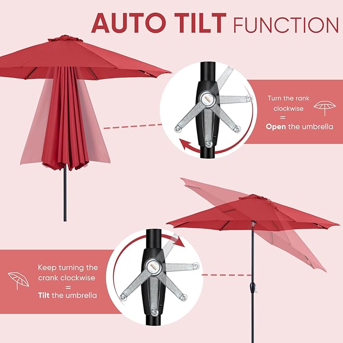 Tempera Patio Market Outdoor Table Umbrella with Auto Tilt and Crank, Large Sun Umbrella with Sturdy Pole & Fade Resistant Canopy, Easy to Set