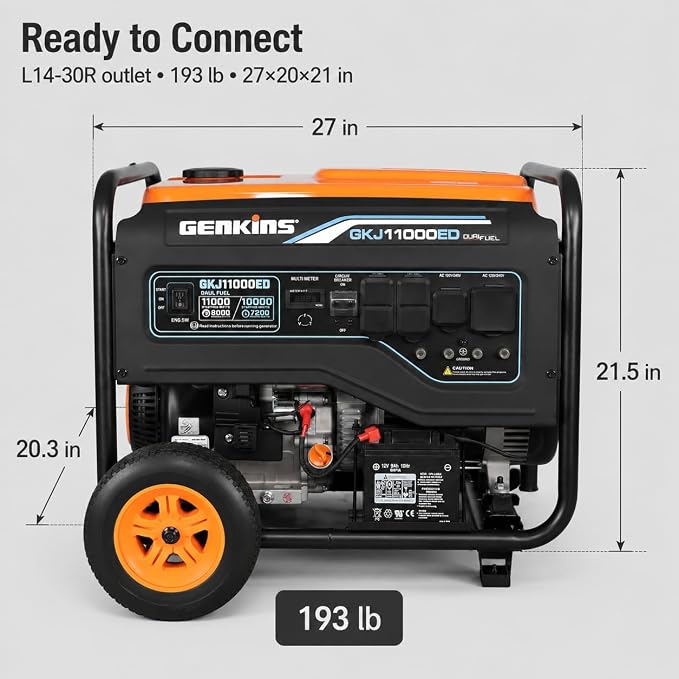 Genkins 11000 Watt Dual Fuel Portable Generator Home Back Up, Emergercy, RV & Camping Electric Start Gas or Propane