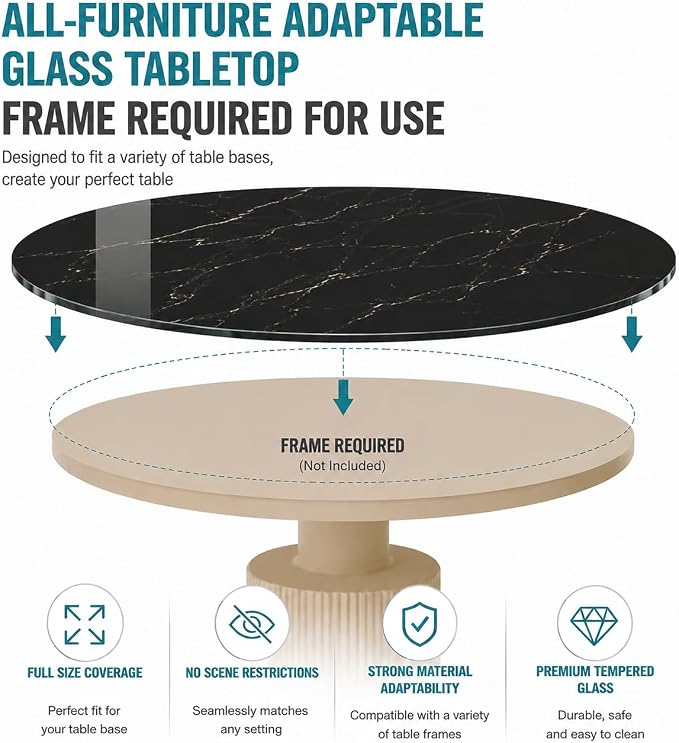 28" Round Tempered Glass Table Top, 5/16" (8mm) Thick, Marble Pattern Replacement, Heavy-Duty, Heat & Scratch Resistant for Coffee, Dining & Patio Tables, Black