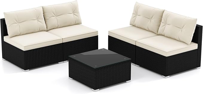 DORTALA 5 Piece Wicker Patio Furniture Set, PE Rattan Outdoor Sectional Conversation Set with Tempered Glass Coffee Table, 4 Chairs for Deck, Backyard, Poolside, Off White