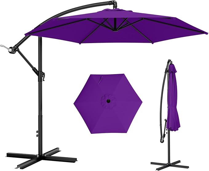 AreShark 10FT Patio Outdoor Umbrella, Offset Patio Umbrella Cantilever Umbrella, 6 Sturdy Ribs, Easy Adjustment for Garden Market Pool with Cross Base (Dark Purple)