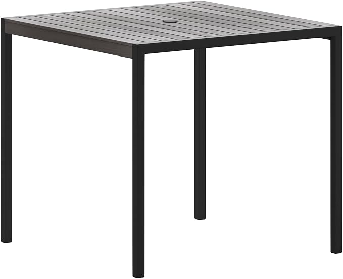 Flash Furniture Outdoor Steel Dining Table - Gray Wash Faux Teak Poly Slatted Top - Commercial Grade Dining Table with Black Frame - 35" Square - Umbrella Holder Hole