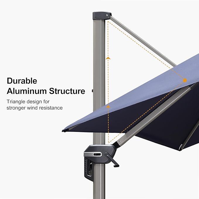 PURPLE LEAF 9' X 11' Patio Umbrella, Rectangle Outdoor Cantilever Umbrella, Aluminum Offset Umbrella with Champagne Frame and 360° Rotation for Pool Deck Garden, Navy Blue