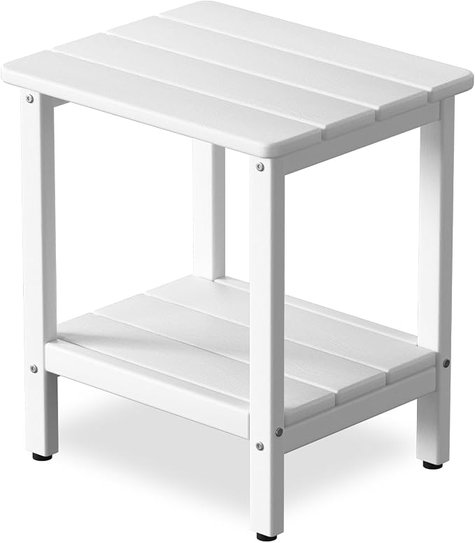Outdoor Side Table, Small Square Patio Side Table with Adjustable Feet, All-Weather HDPE Adirondack End Tables for Porch Deck Balcony Pool, 2-Tier Storage, Easy Maintenance, White
