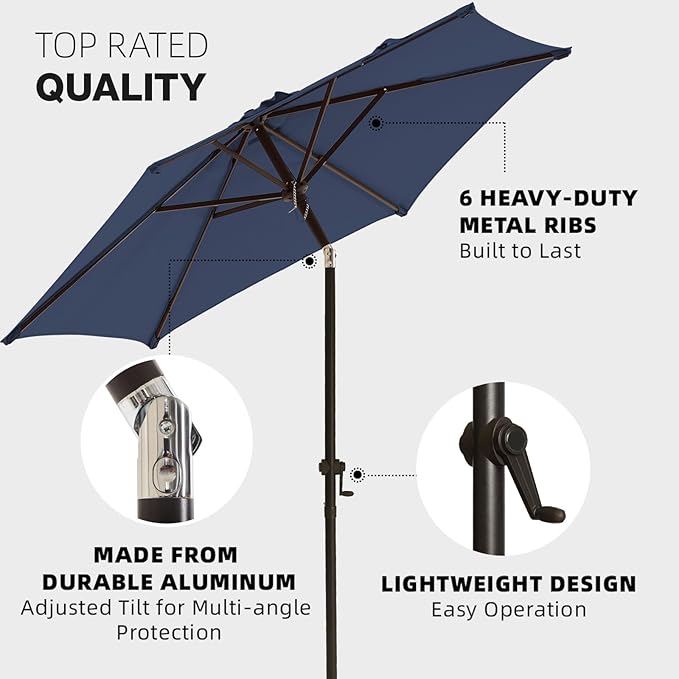 wikiwiki 7.5 FT Patio Umbrellas Outdoor Table Market Umbrella with Push Button Tilt/Crank, 6 Sturdy Ribs, Fade Resistant Waterproof POLYESTER DTY Canopy for Garden, Lawn, Deck, Backyard & Pool, Navy