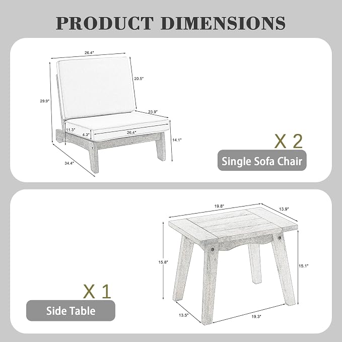 3 Piece Wood Patio Chair Outdoor Bistro Set, All Weather Outdoor Furniture Patio Sofa Chair Backyard Seating Group Conversation Sets with Wooden Side Table - Light Camel