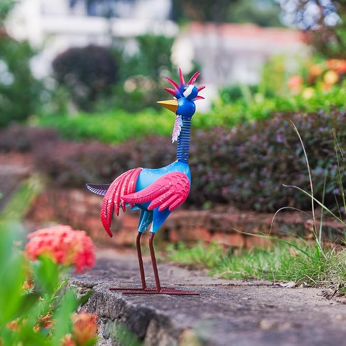 Metal Wacky Rooster Garden Statue for, Patio, Backyard, Lawn | 18'' Rooster Decor, Yard Statue Decorations Outdoor, Chicken Yard Art, Blue & Pink