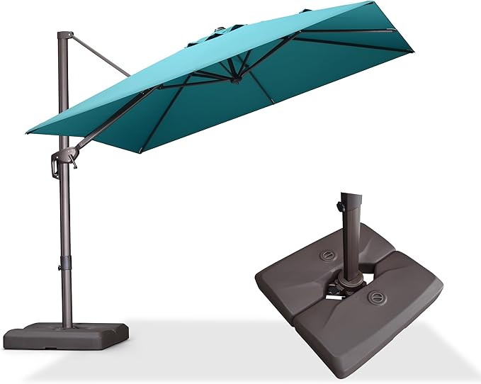 PURPLE LEAF 9' X 9' Patio Umbrella With Base Antique Bronze Square Cantilever Umbrella Outdoor with 360° Rotation and Aluminum Offset Hanging for Pool Deck Garden Backyard, Turquoise