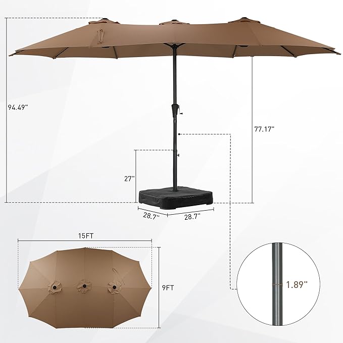 15 ft Patio Umbrella with Base, Large Rectangle Outdoor Umbrella with Matching Stand, Strap, Crank, Coffee