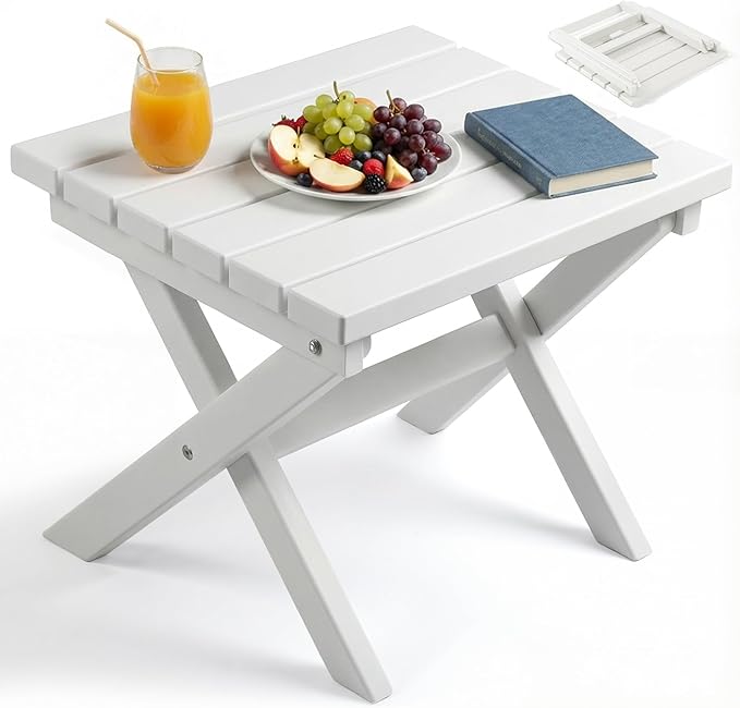 PASAMIC Folding Outdoor Side Table, HDPE Outdoor End Table, All-Weather Patio Table with 17.7" Wide Tabletop, No Assembly, for Porch, Deck, Poolside, White