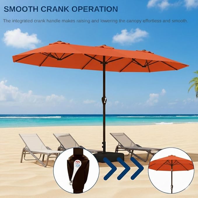 15FT Large Patio Umbrella with Base, Double Sided Rectangular Outdoor Umbrella with Sturdy Fiberglass Ribs, UPF 50+ Sun Protection, Wind-Resistant, Waterproof Fade-Resistant Fabric for Pool, Garden, Backyard, Deck(Orange)