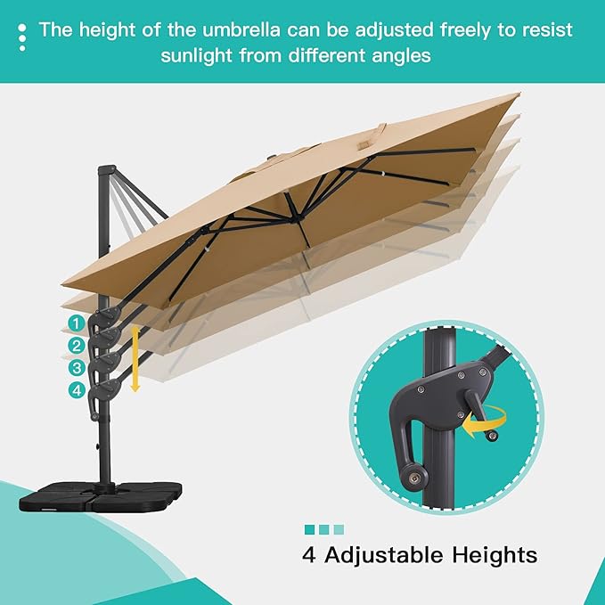 Sunnyglade 10x13Ft Cantilever Patio Umbrella Rectangular Deluxe Offset 360°Rotation & Integrated Tilting System Hanging Umbrella for Market Garden Deck Pool Backyard Patio (Tan)