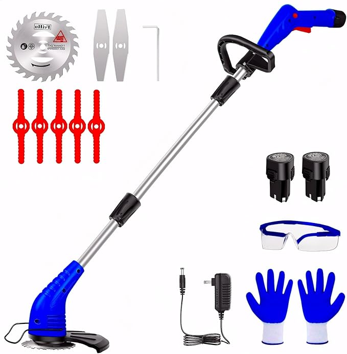 Lipoliftco Weed Wacker Cordless, 12V Battery Powered Lawn Edger, Grass Cutter with 2 * 2000mah Rechargeable Batteries and 3 Types of Blades, Lightweight Electric Mower for Garden and Yard Lawn