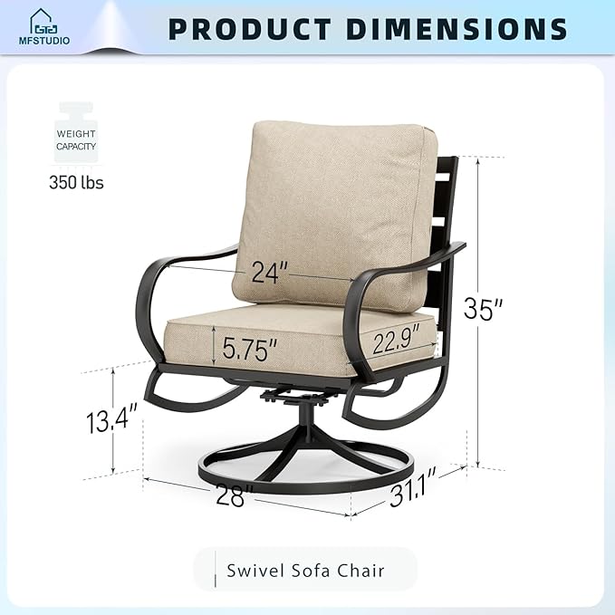MFSTUDIO Metal Patio Conversation Sets, Outdoor Furniture Sofas Set of 2, 2 Pieces Durable Steel Frame Patio Swivel Chairs with 5.8" Beige Cushions for Patio Garden Backyard Balcony
