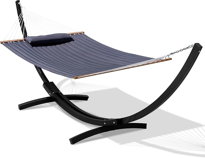 Lazy Daze Hammocks Outside Quilted Hammock with 13 FT Curved Steel Heavy Duty Stand and Pillow for Outdoor, Backyard, Patio, 450 Lbs Capacity, Grey