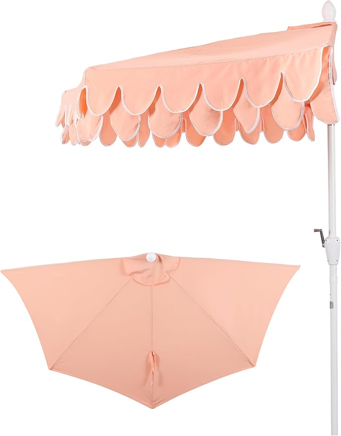 JONATHAN Y Terrace Scalloped 9 ft. Half Round Patio Umbrella with Crank Lift and Tilt, Coastal Semicircle Market Wall Umbrella for Balcony, Coral Pink/White, White Pole UMB1202H