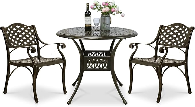 VIVIJASON 3-Piece Patio Furniture Dining Set, All-Weather Cast Aluminum Outdoor Bistro Set, Include 2 Chairs and 35.4" Round Table w/Umbrella Hole for Balcony, Lawn, Garden, Backyard