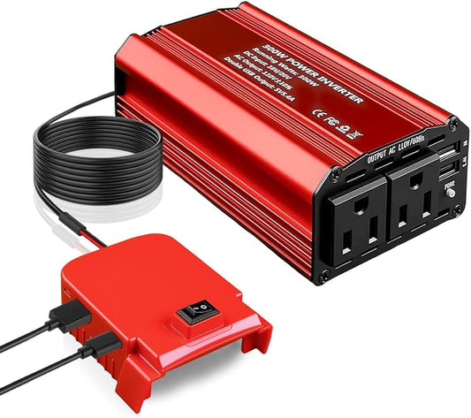 300W Portable Power Inverter Compatible with Milwaukee, DC 18V/20V to AC 110V-120V, Power Converters with 3 USB 1 Type C 2 AC Outlets, Portable Power Station for Vehicles Camping Road Trip