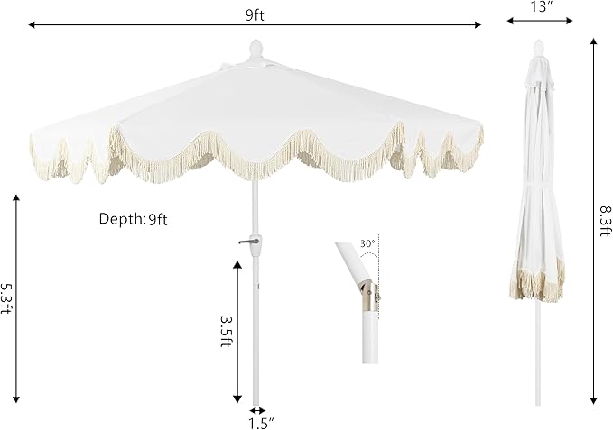 JONATHAN Y UMB1001 Collins 9 ft. Classic Cottage Tassel Market Patio Umbrella with Auto-Tilt, Crank, Wind Vent and UV Protection