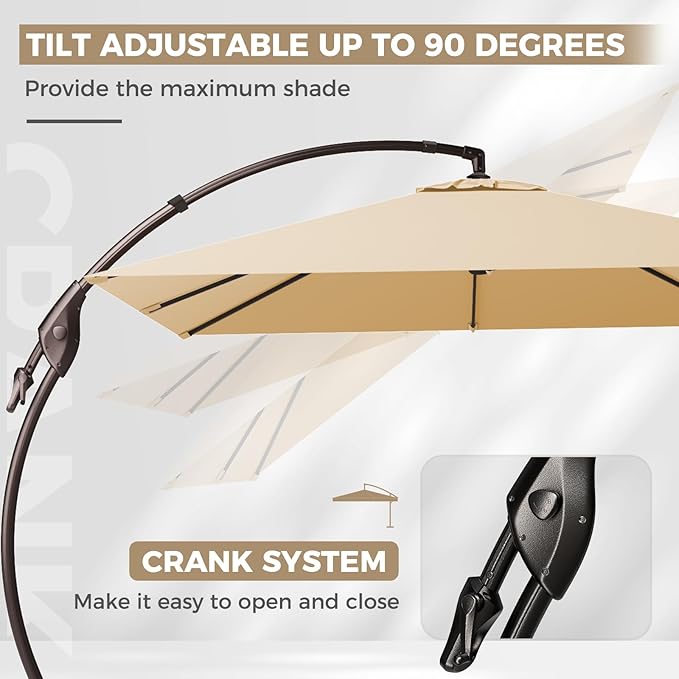 Grand patio 10X10 FT Sunbrella Offset Umbrella with Base Outdoor Square Aluminum Hanging Cantilever Umbrella with Easy Tilt Adjustment (Flax, 10X10 FT-SUNBRELLA)