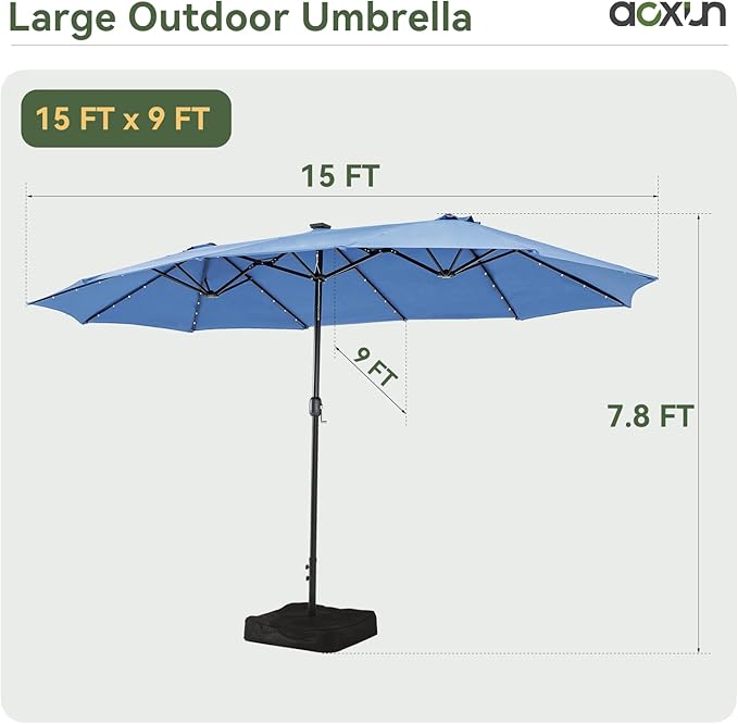 Aoxun 15ft Patio Umbrella with Base Included, Outdoor Double-Sided Rectangular Umbrella with Crank Handle & Ventilation, Large Standing Umbrella for Pool, Deck, Lawn, Backyard & Beach