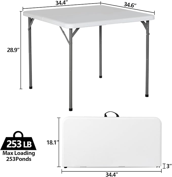 ZenStyle Heavy Duty Folding Table, Plastic Top with Steel Legs for Indoor Outdoor Camping Party, Portable Picnic Table w/Carry Handle, White (3ft)
