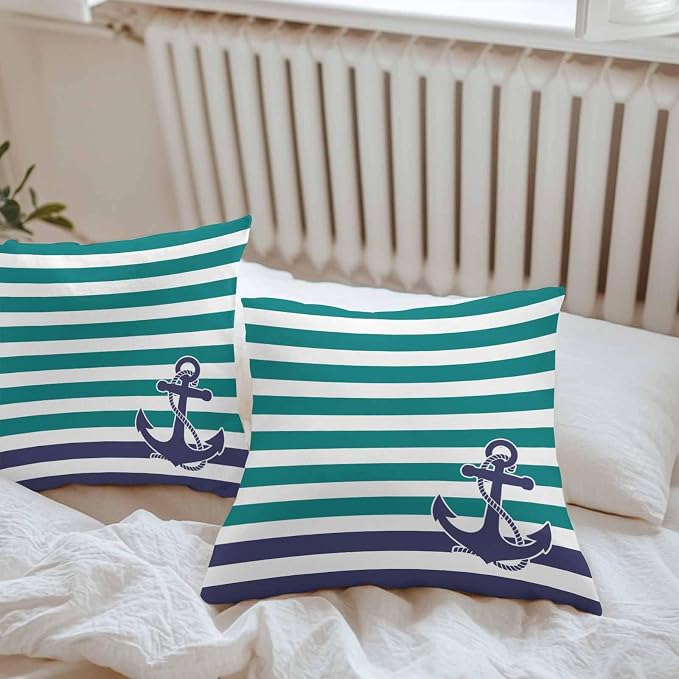 Throw Pillow Covers 18x18 Inch Set of 2, Anchor Teal Waterproof Outdoor Cushion Covers, Modern Navy Blue White Striped Nautical Decorative Pillowcases for Couch, Sofa, Bed, Garden, Patio