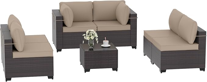 Patio Furniture Set 7PCS Outdoor Furniture for Backyard Sectional Sofa Set, Rattan Wicker Patio Conversation Set with 4 Inch Thickened Cushions and Glass Coffee Table, Sand