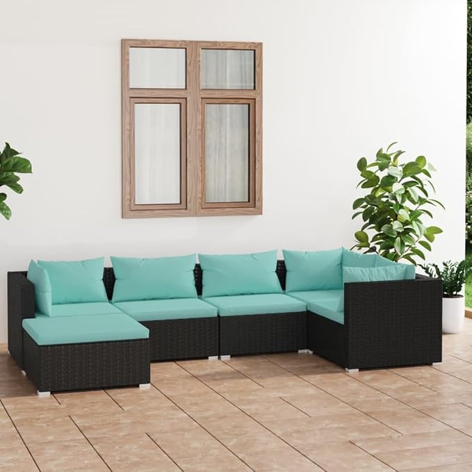 6 Piece Patio Lounge Set with Cushion, Furniture Conversation Sets Patio Lounge Set Outdoor Patio Sectional Piece Patio Set s Poly Rattan Black