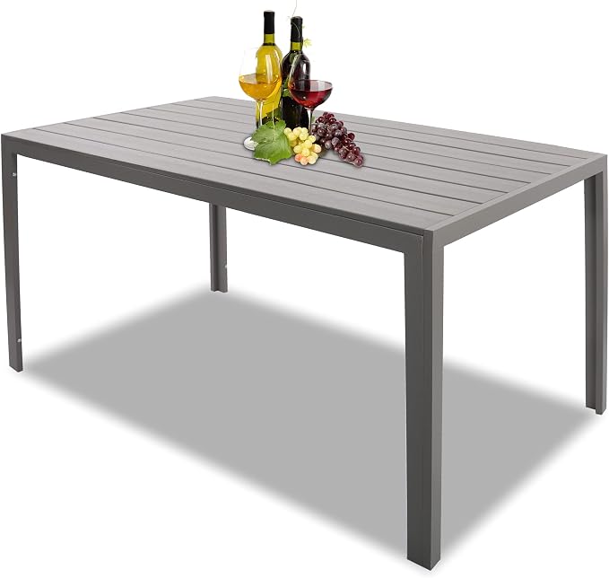 Outdoor Patio Dining Table, Lightweight Aluminum Frame Rectangle Table for 6, PS Table Top Heavy Duty Patio Furniture for Garden, Picnic Table Easy Install Indoor Outdoor Grey