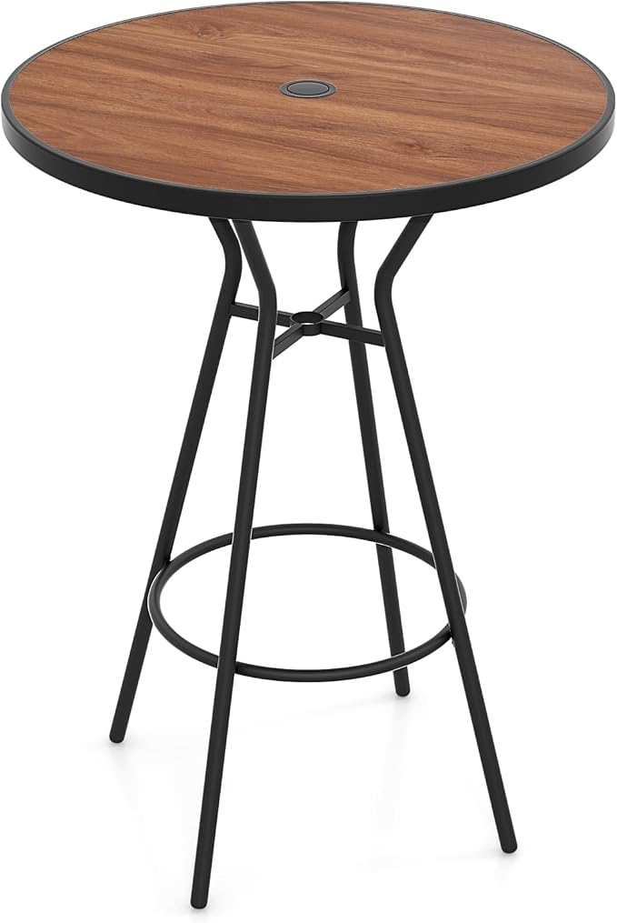 Tangkula 28” Outdoor Bar Table, Round Bar Height Table with Wood-Like Tabletop, Umbrella Hole & Footrest, Patio Bistro Table, High Top Table for Backyard, Garden & Deck