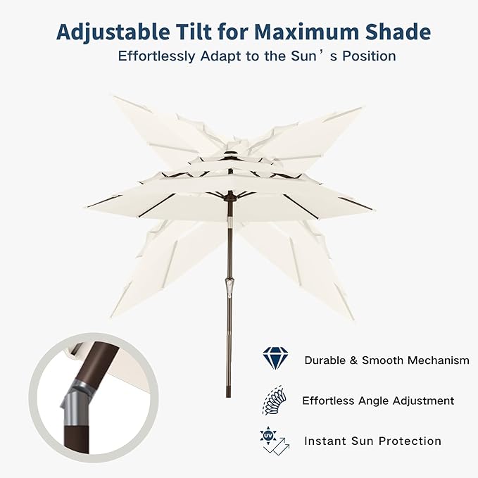 10FT Patio Umbrella 3 Tiers Outdoor Market Umbrella w/Push Button Tilt, Crank, UV and Waterproof Table Umbrella for Garden, Pool, Backyard, Deck, Lawn, Creamy White