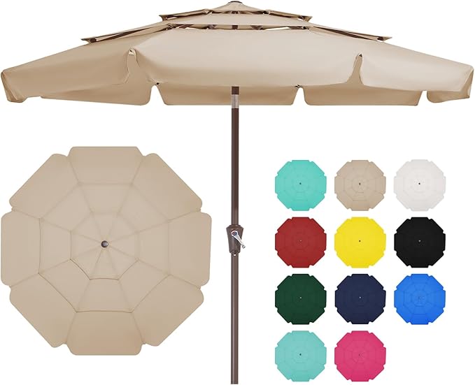 JEAREY 3 Tiers 9 FT Patio Umbrellas Outdoor Table Umbrella with Push Button Market Umbrella 8 Sturdy Ribs UV Protection Waterproof for Garden,Beige