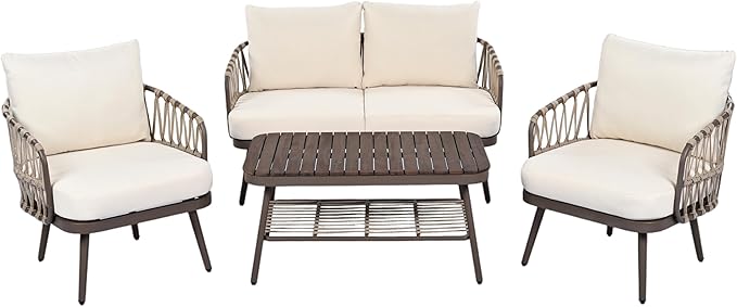 Christopher Knight Home Lena Patio Conversation Set, Two Club Chairs, Rope Woven Loveseat, Metal Frame Armchair, Rectangular Coffee Table, Outdoor Side Table and Chair Set for Backyard, Brown+Beige