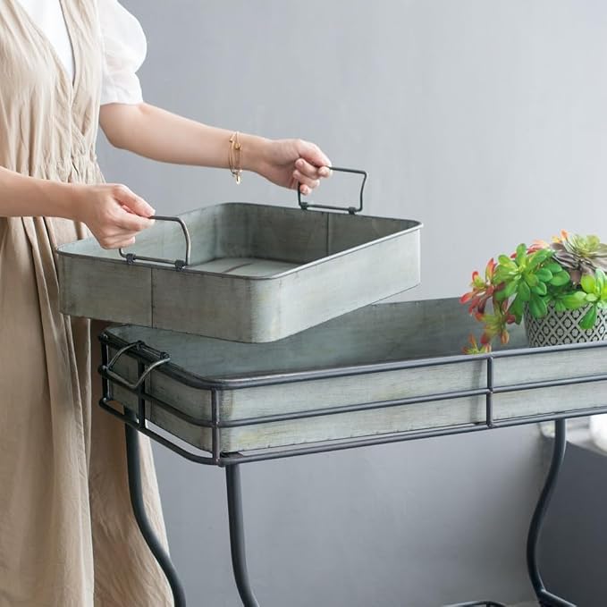 Galvanized Tray Table, Iron, 32x15x31 in, Antique Gray | Iron, galvanized two-tray table with handles, assembly required, outdoor patio use
