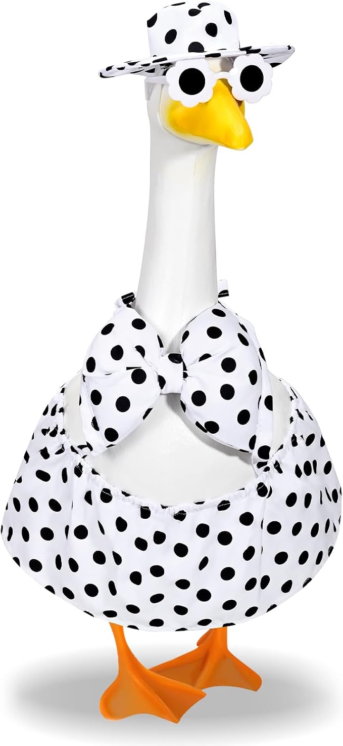 JcHrmers Summer Hawaiian Goose Outfit Porch Goose Bikini Outfits with Hat & Sunglasses Fits 23 Inch Geese Statues for Creative Lawn Yard Garden Beach Pool Party Decor(White Polka Dots)