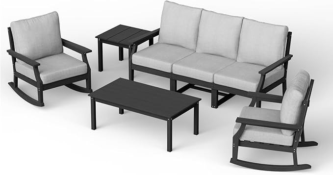 HDPE Patio Conversation Set, 7-Piece All Weather Outdoor Furniture Set with 2 Single Rocking Armchairs for Deck, Lawn, with Cushion, Black